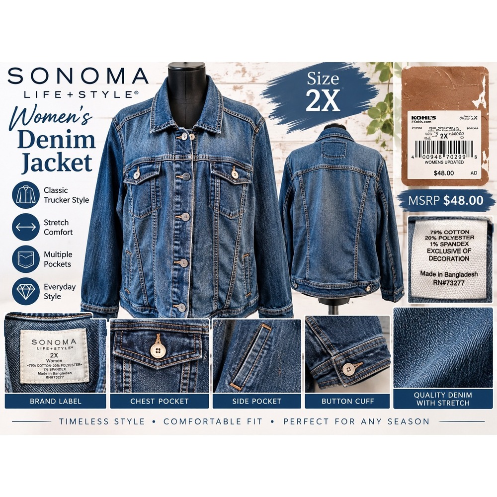 Sonoma Life Style Womens Denim Jacket 2X Blue Trucker Stretch SM146002D NEW